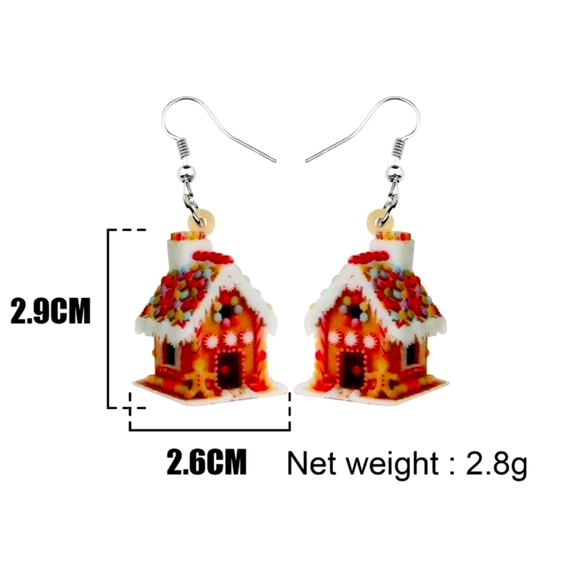 Holiday Gingerbread House Acrylic Dangle Earrings New! - Picture 2 of 4
